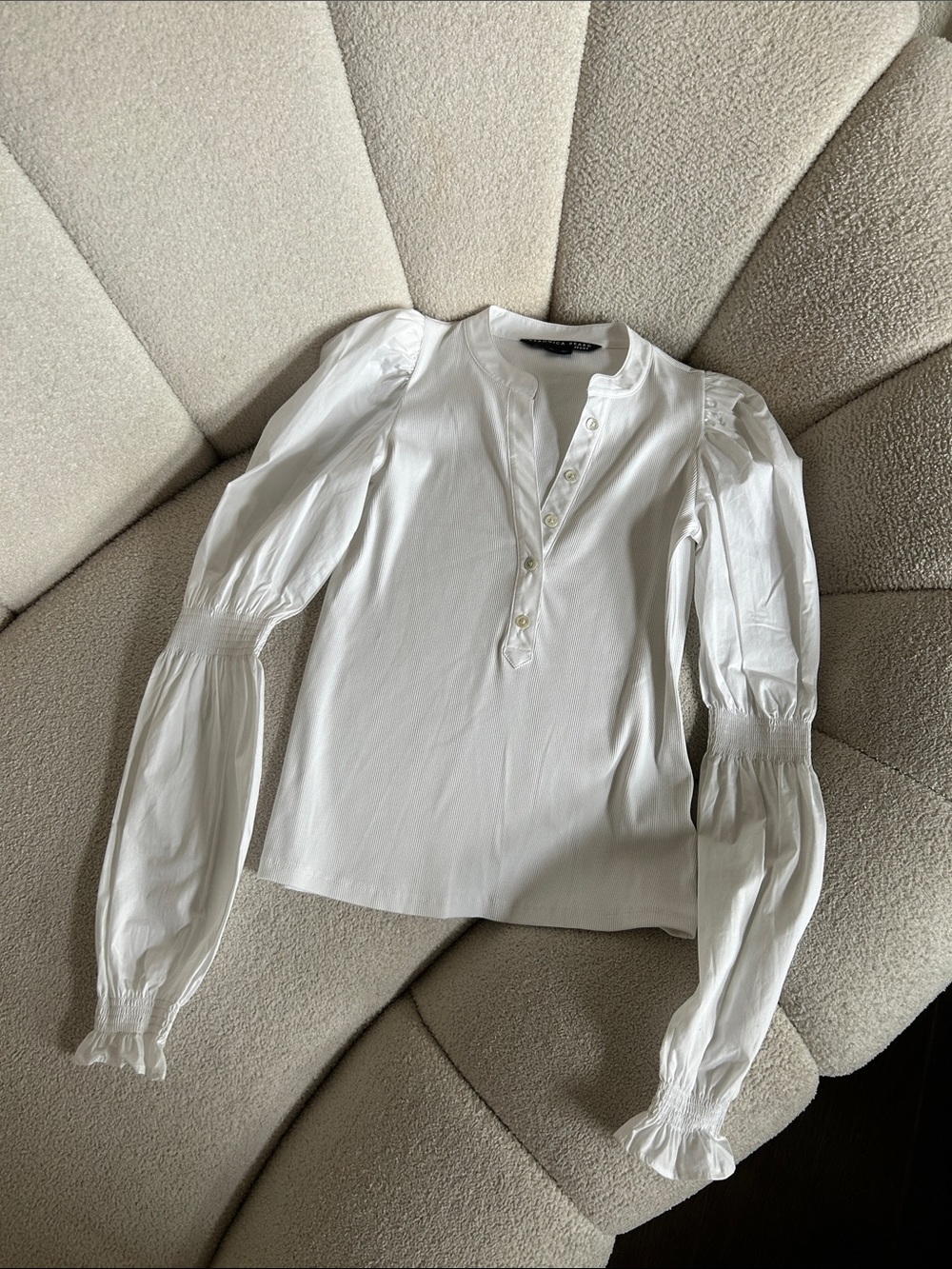 Veronica Beard White Puff-Sleeve Henley Top